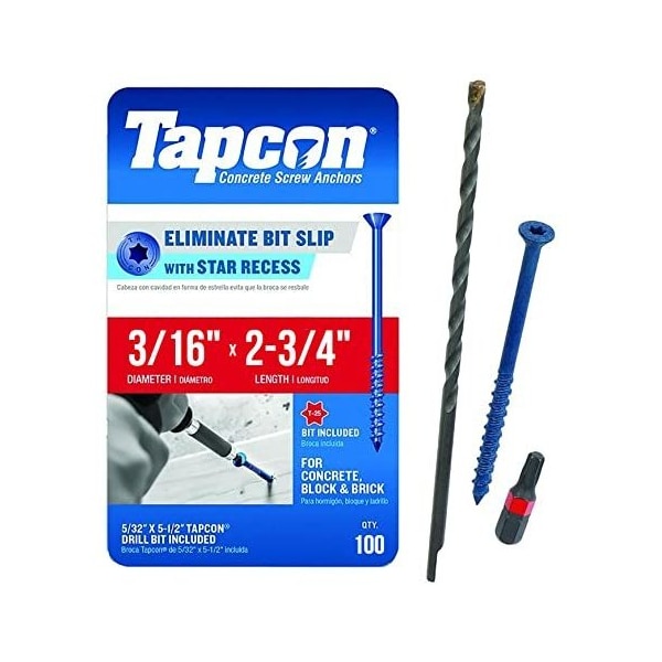 3/16-inch x 2-3/4-inch Climaseal Blue Flat Head T25  Concrete Screw Anchors w/Drill Bit, 100PK